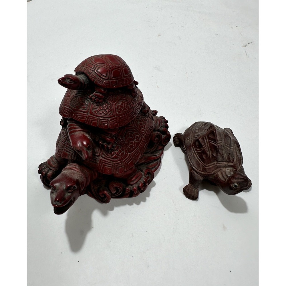 Chinese Feng Shui 3 Stacked Turtles Longevity Wisdom Protect Red Resin Asian Art